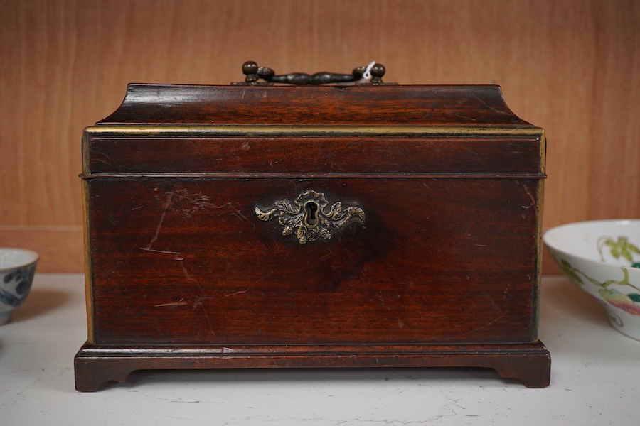 A George III mahogany and brass mounted tea caddy, 25cm wide x 16 cm high
